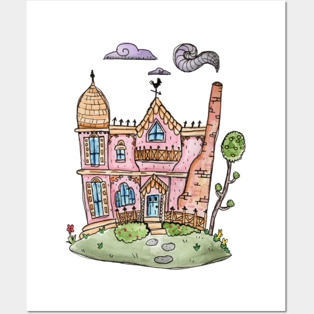 Pastel Queen Anne Victorian House in Watercolor Wall Art by narwhalwall